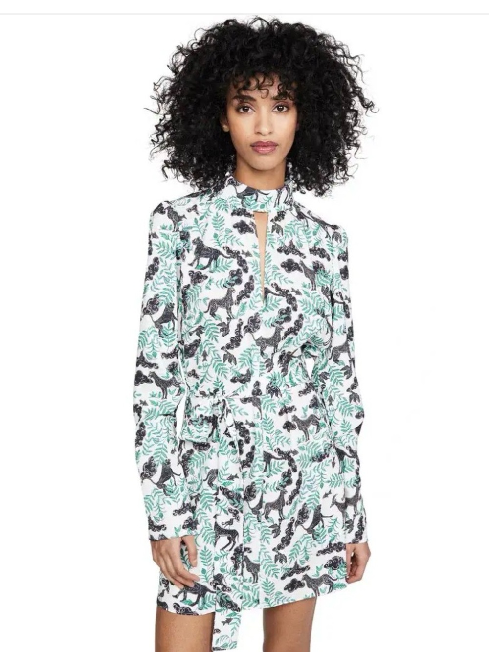 Saloni Tania Dress Ivory Menagerie Jungle Print Mock Neck Belted Size 4